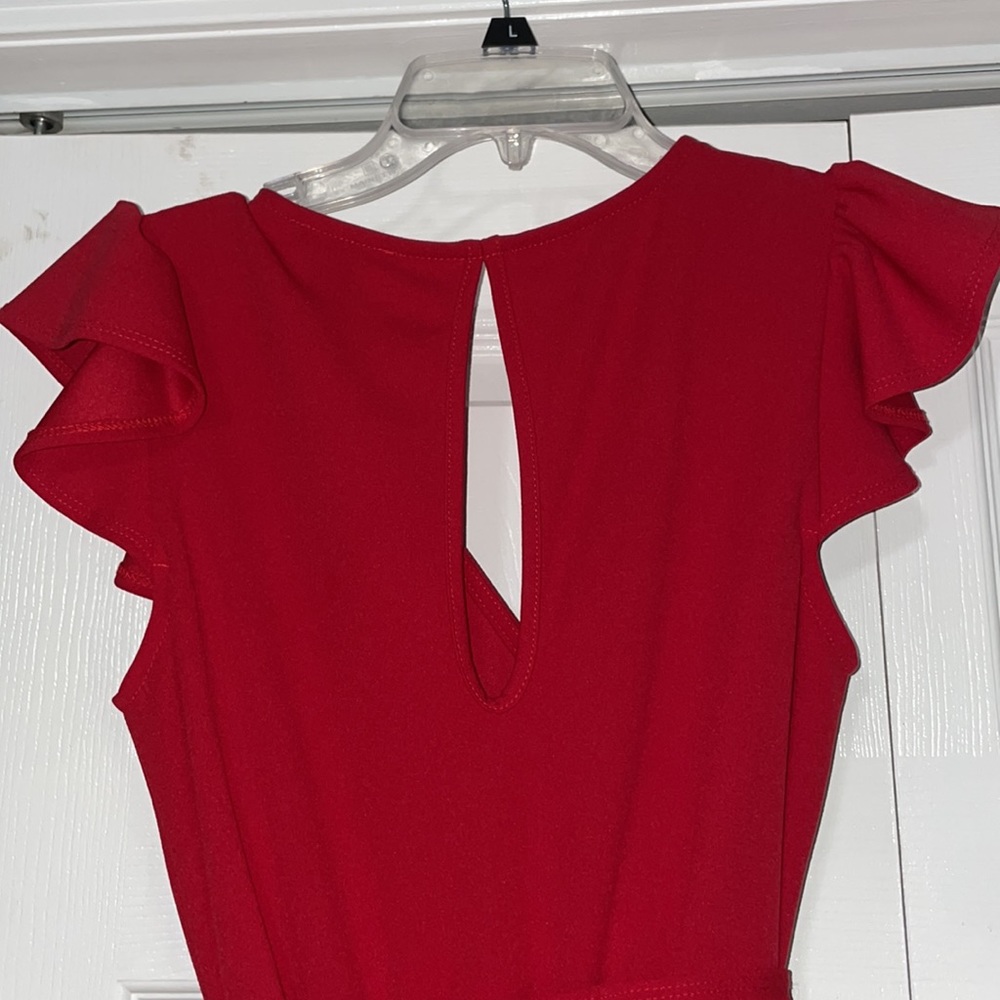 Red Jumpsuit with belted waist and ruffle sleeves - Picture 5 of 7